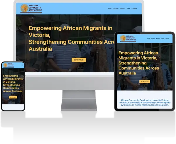 Image of the Africare Community Services Inc. website on a phone, tablet and desktop