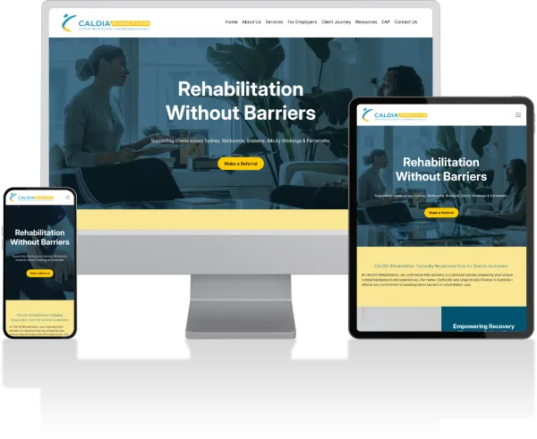 Image of the CALDIA Rehabilitation website on a phone, tablet and desktop